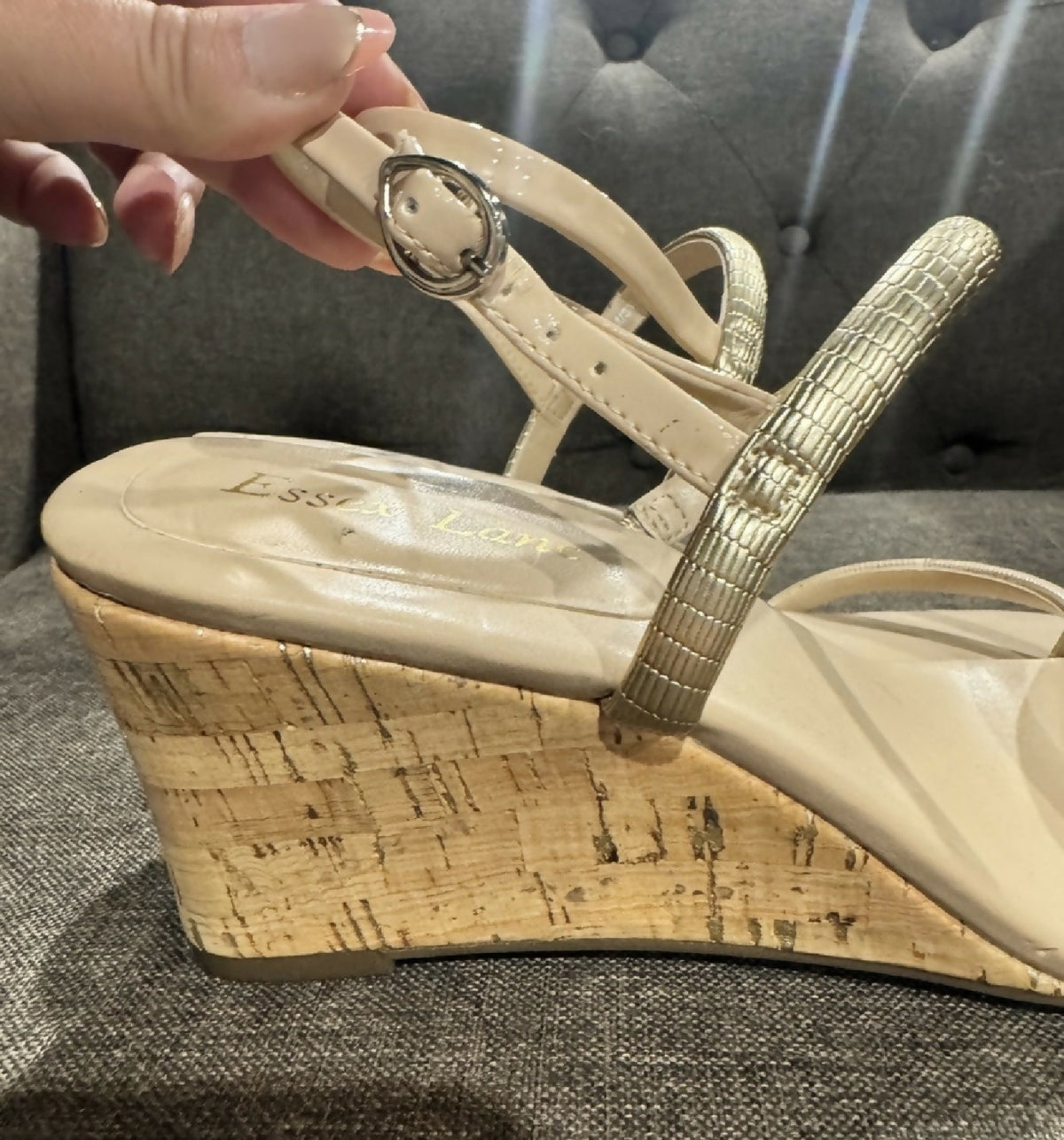 Essex Lane Daniela 8 Wedge Sandals with Gold Accent Straps - Nude