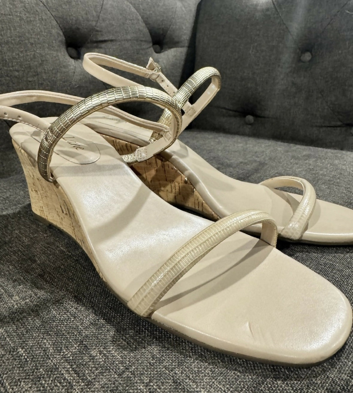 Essex Lane Daniela 8 Wedge Sandals with Gold Accent Straps - Nude
