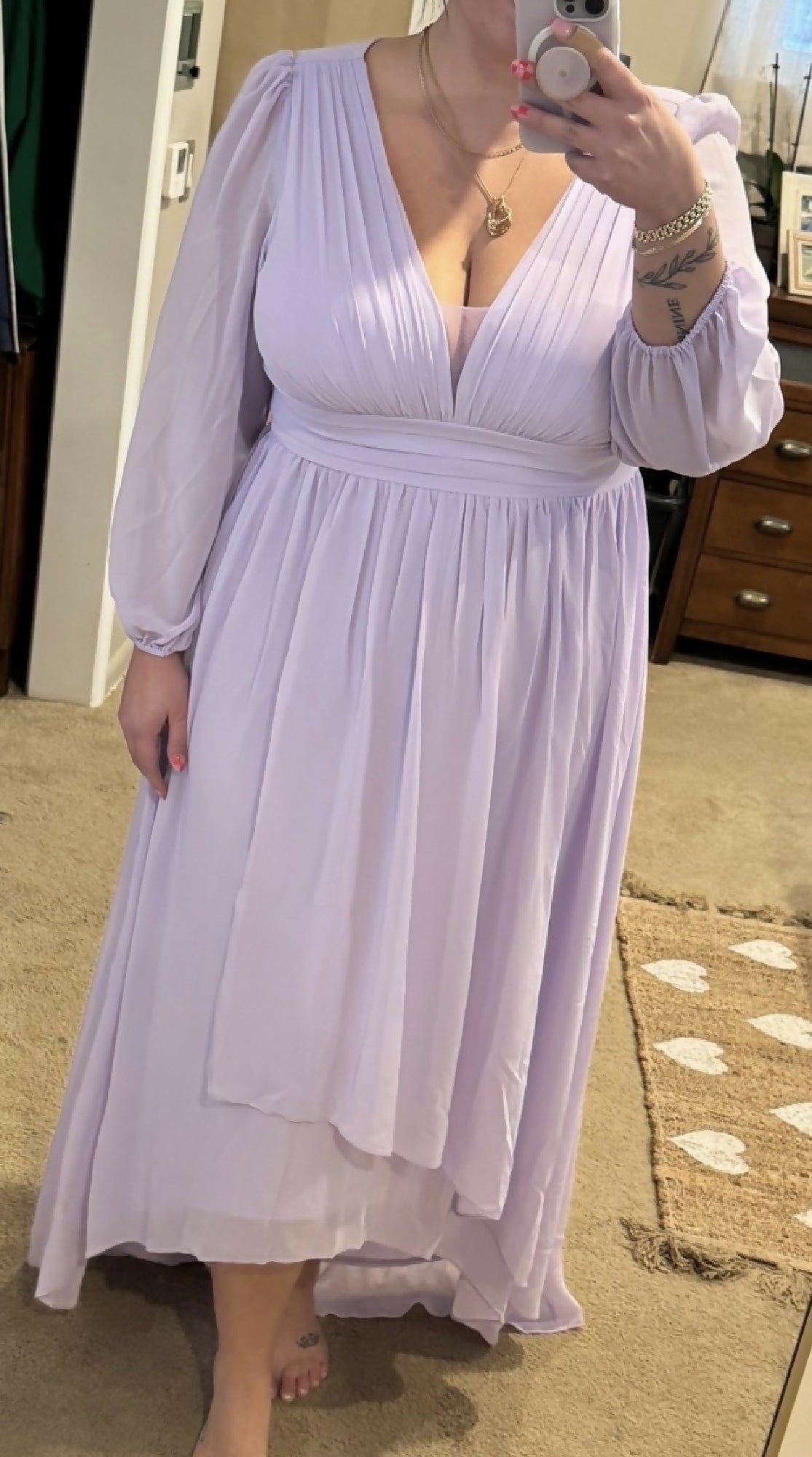 Lavender V-Neck Long Sleeve High-Low Bridesmaid or MOB/MOG Dress