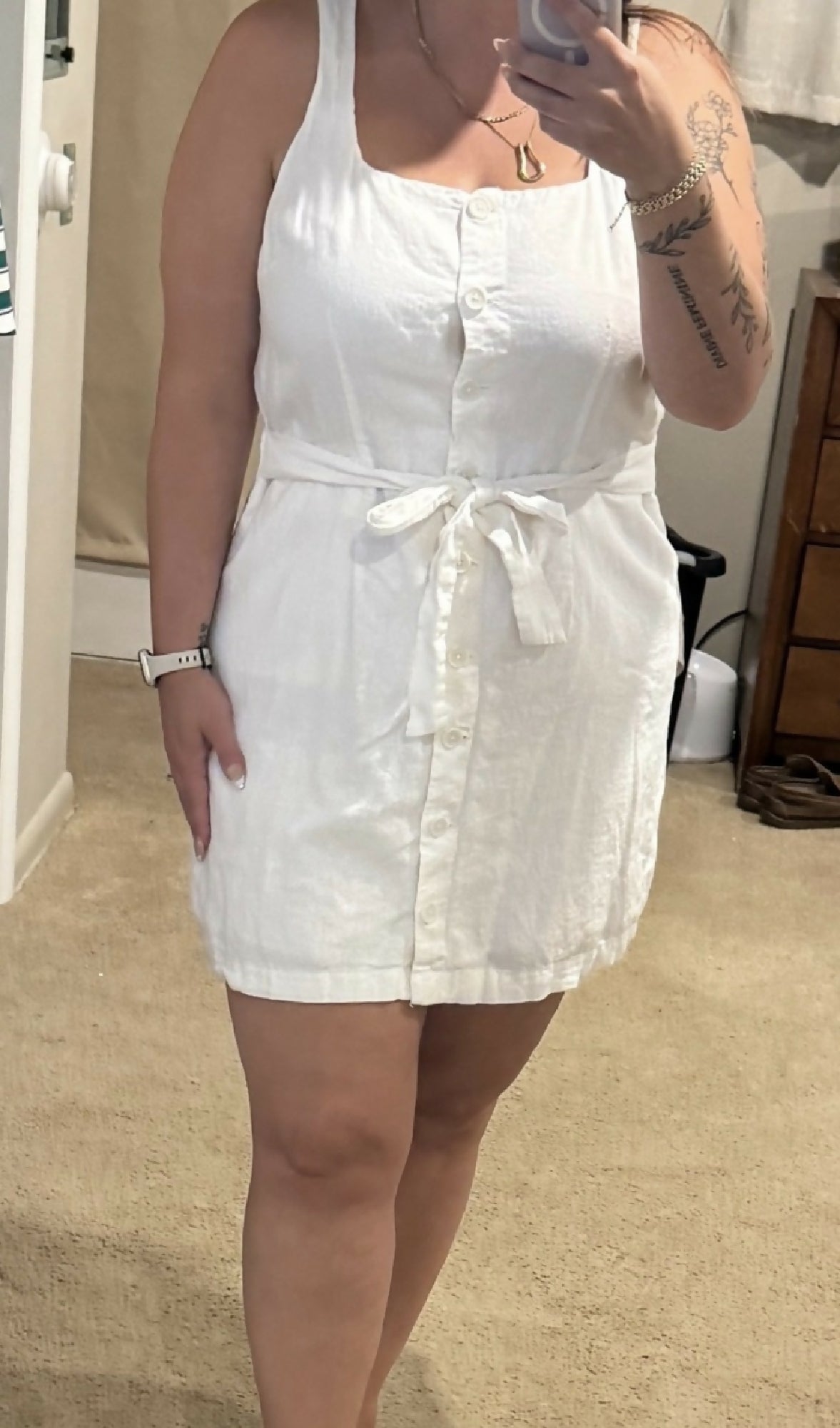 a new day White Linen Button Up Dress with waist tie, XL
