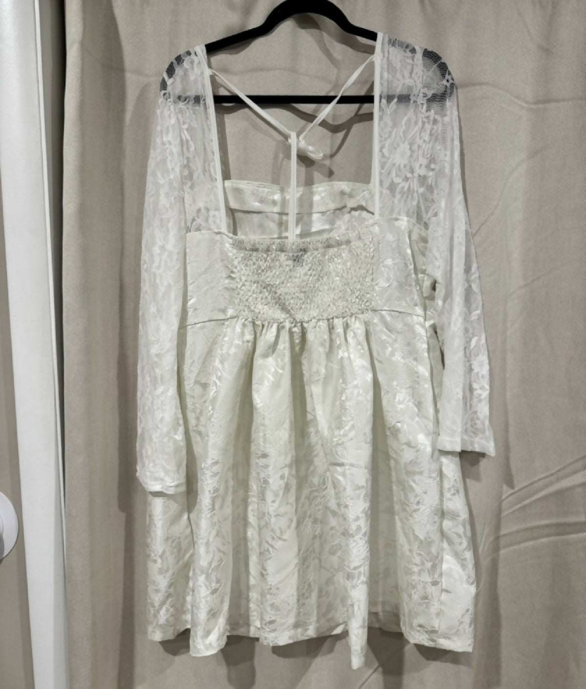 White Lace Long Sleeve Square Neck Mini Dress - Winter Bridal/Engagement Look