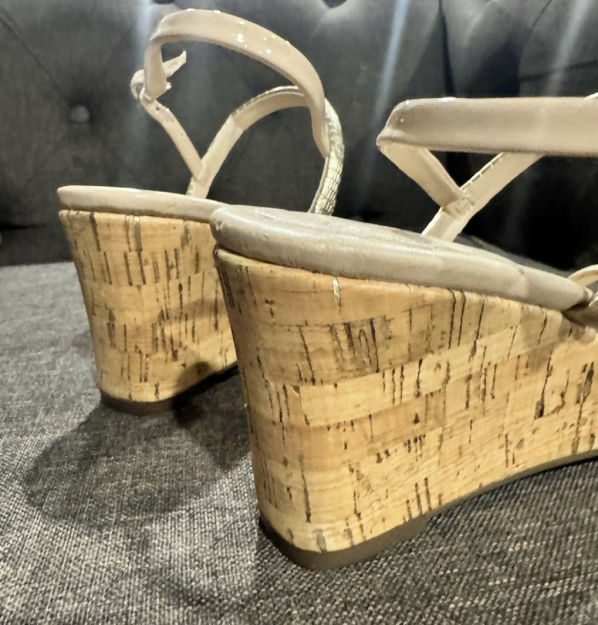 Essex Lane Daniela 8 Wedge Sandals with Gold Accent Straps - Nude