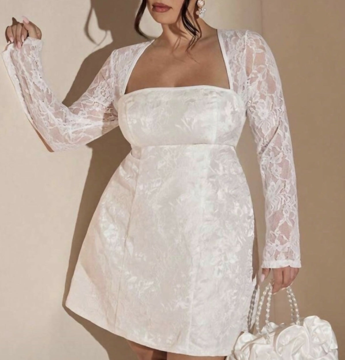 White Lace Long Sleeve Square Neck Mini Dress - Winter Bridal/Engagement Look